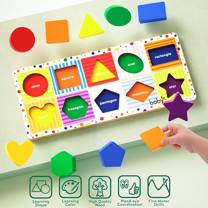 Dailyfunn Wooden Geometric Shape Puzzle (10 pcs) Toddler Puzzles for Ages 1-3 Years Old 12-18-24 Months