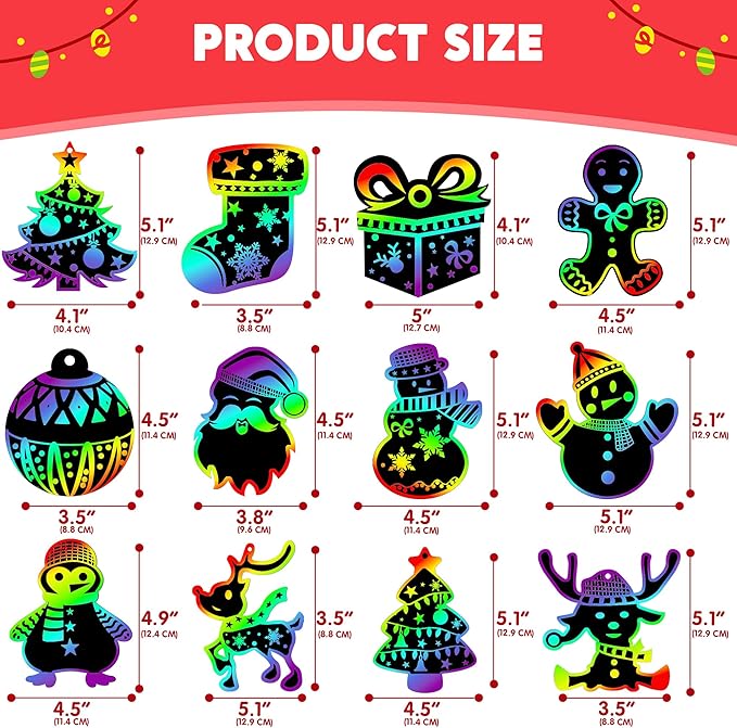 JOYIN 72 Pcs Christmas Scratch Art Ornaments, Rainbow Color Scratch Paper Craft Kit Include Snowman, Christmas Tree, and Reindeer, Scratch Off Hanging Ornament for Kids Party Favor