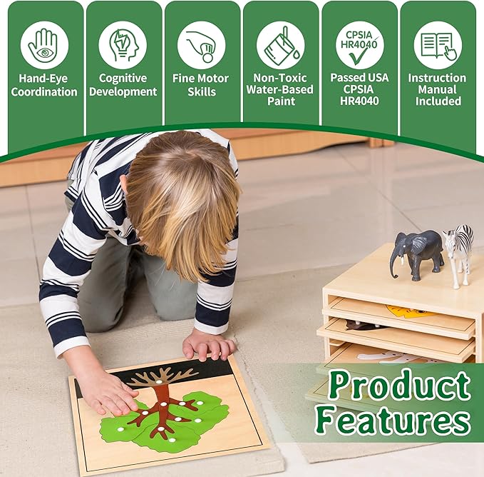 Montessori Tree Puzzle for 3+ Years Old, Wooden Peg Puzzles with Knobs & Practice Cards, Shape Sorter Puzzle Preschool Learning Resources, Fine Moter Toys for Montessori Classroom