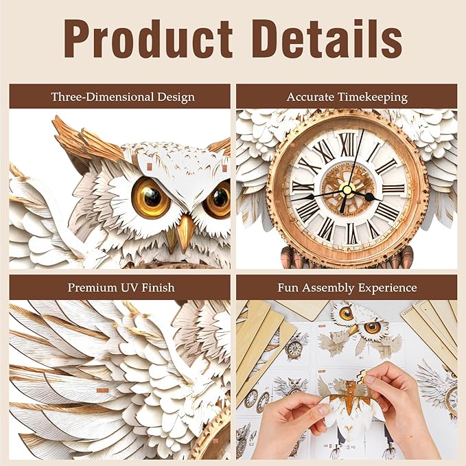 KAAYEE 3D Wooden Puzzles for Adults Snowy Owl Clock - Wall ‌‌Clock Puzzle Xmas Room Model Building Kit Creative Art Craft Gift Home Decor for DIY Enthusiasts, Brain Teaser Building Set Birthday Gifts