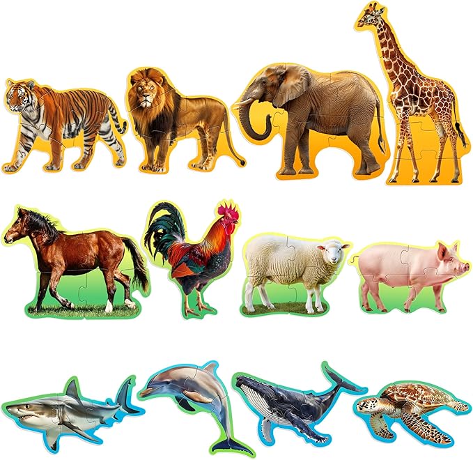 BenBen Puzzles for Toddlers 2-4,12 Animal Puzzles, 3 Levels Step-by-Step Color-Coded Jigsaw Puzzles, 48 Pieces Total, Educational Montessori Toys for Preschool Girls Boys
