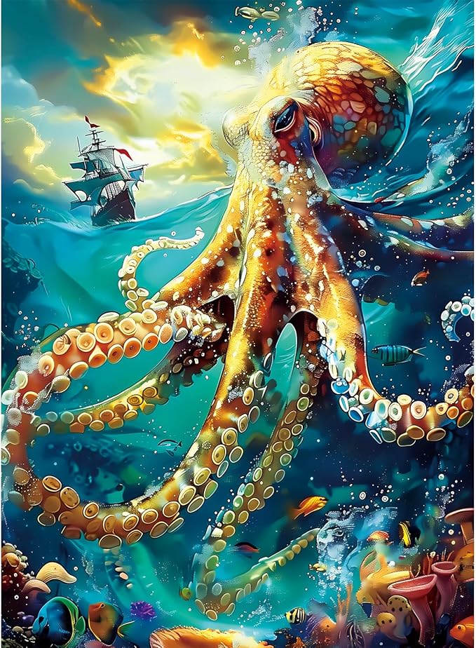 300 Piece Puzzle for Adults, Jigsaw Puzzle, Ocean Sailboat Octopus Jigsaw Puzzles, Funny Family Game and Learn About The Beauty of The Ocean, Friends Family Activity Game Nights Gifts, 20.5x15 in