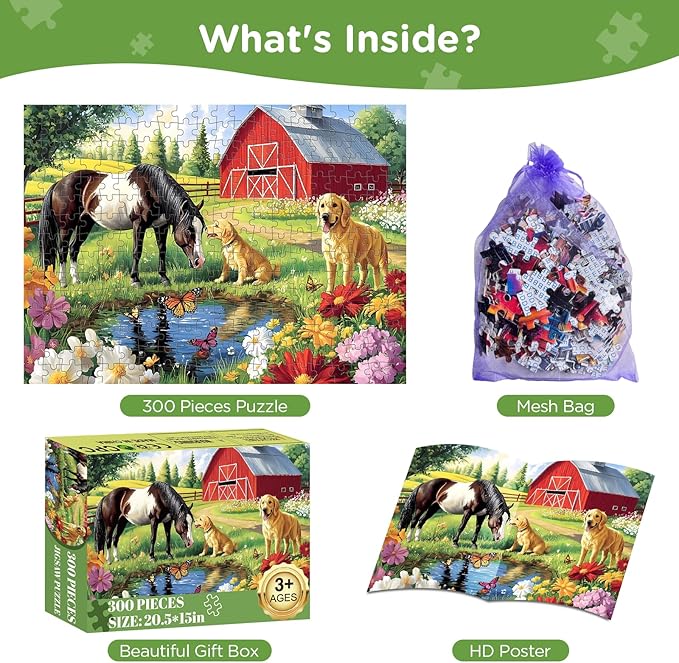 300 Piece Puzzle for Adults, Golden Retriever Horse on Farm Scenic Landscape Jigsaw Puzzle, Jigsaw Puzzles for Adult 300 Piece, Challenging Yet Relaxing 300 Pieces Puzzle Game for Kids Adults Seniors