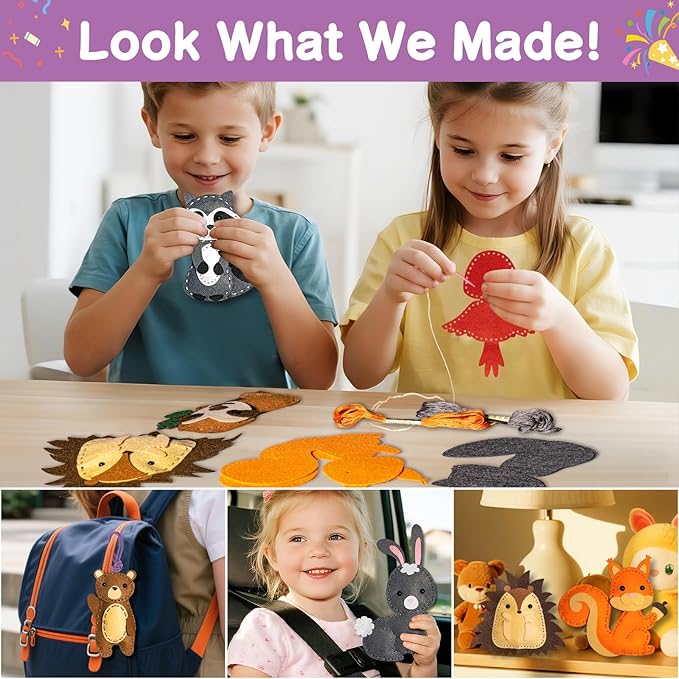 KIDS KING Easy Sewing Kit for Kids, 10 DIY Projects of Stuffed Dolls of Woodland Animals, Pre-Cut Felt: Bear, Deer, Owl, Fox, Rabbit, Arts & Crafts Toys for Beginner Kids Age 6-12