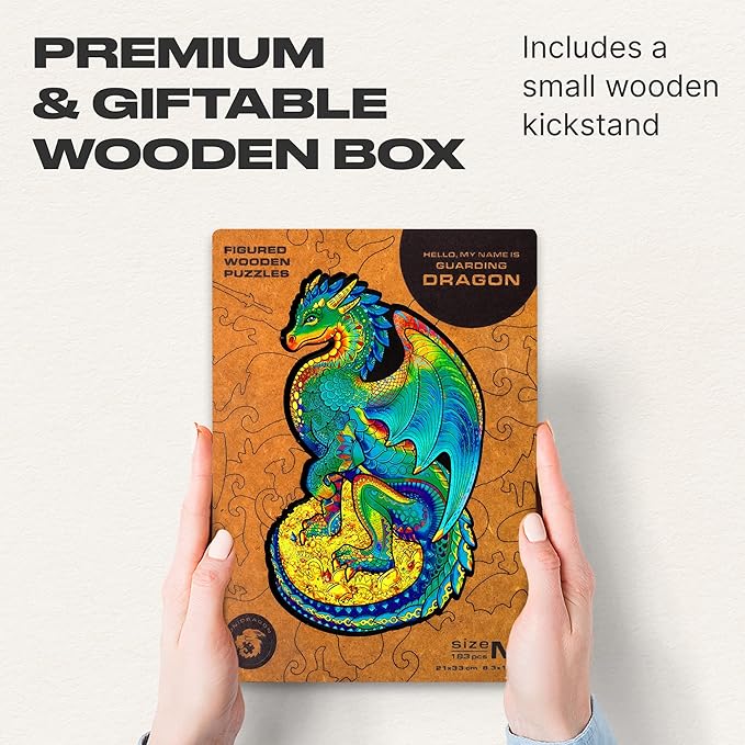 UNIDRAGON Wooden Puzzles for Adults Unique Jigsaw Puzzles - Guarding Dragon Big 8.3" х13 183 PCS Deko with Cut 0.03 mm Wood Accuracy Animal