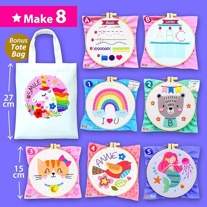 KRAFUN My First Embroidery Kit for Beginners Kids and Teenagers Simple Embroidery Patterns, Hand Embroidery Kit Includes Hoop, Cloth, Instructions for Stitches, Beginner Arts Craft Kit for Adults