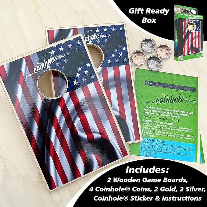 Coinhole Desktop Coin Bouncing Party Game Set | Tabletop Cornhole Board Game | Small Cornhole Travel Game Includes Coins