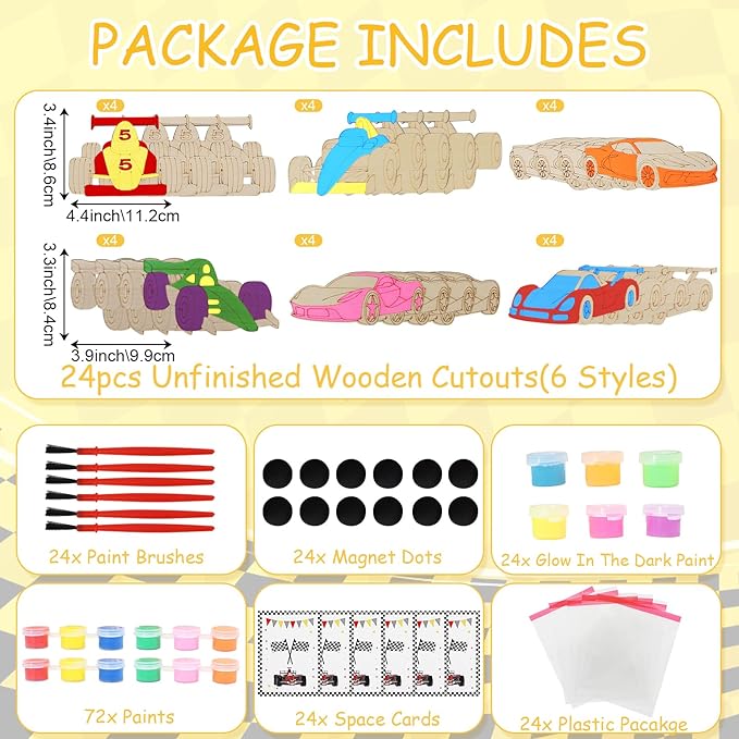 LARDUX Race Car Party Favors, 24PCS DIY Wooden Arts & Crafts Painting Kit for Kids, Glow in The Dark Party Favors Family Crafts Birthday Party Christmas Gifts Toys for Boys Girls