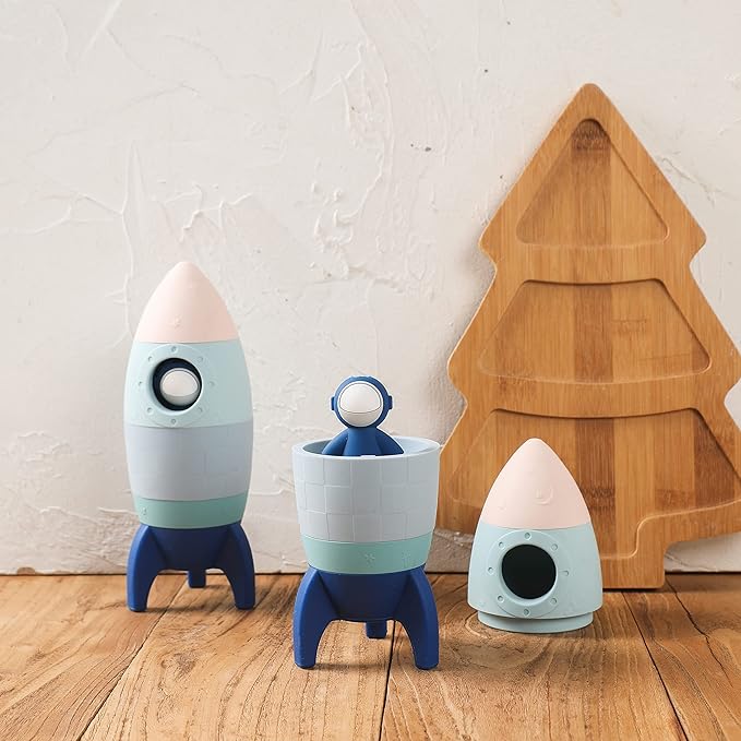 Silicone Rocket Stacking Toy - Space Rocket Toy - Baby Teething Toys -Early Learning Stacking Tower Educational Learning Stacking Toys Nesting Toy for Early Educational for Infants (Blue)