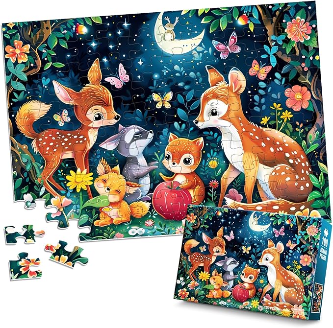 Puzzles for Kids Ages 4-8 - Cute Deer Party in Forest Night - 100 Piece Jigsaw Puzzles for Kids Ages 4-6 6-8 8-10 Year Old Children Puzzles for Boys and Girls Educational Learning Toys and Gifts