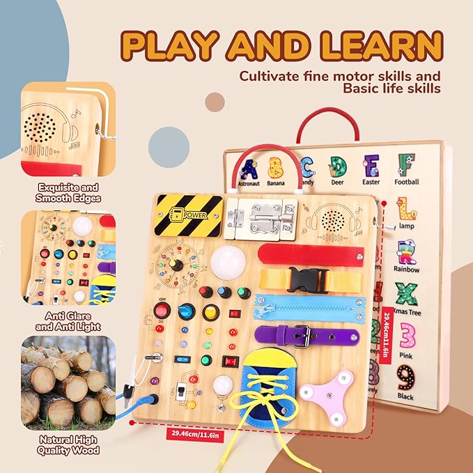 Busy Board,Montessori Toys for 1-3 Year Old Boys & Girls,Travel Educational Learning Activities for Toddlers,Sensory Toy for Kids with Autism (Busy Board v3)