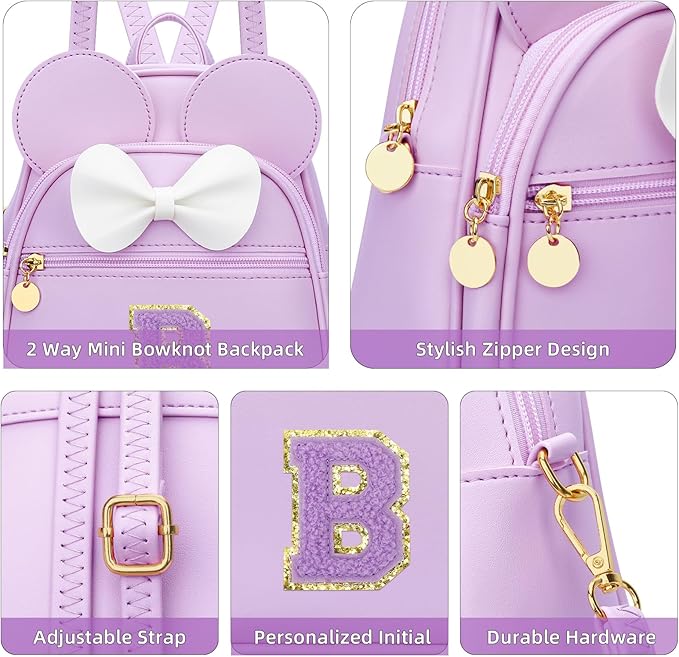 KKXIU Girls Initial Bowknot Cute Mini Backpack for Toddler, Travel Small Girl Backpacks, Personalized Trendy Stuff Gift for Little Girls and Kids(B, Purple)