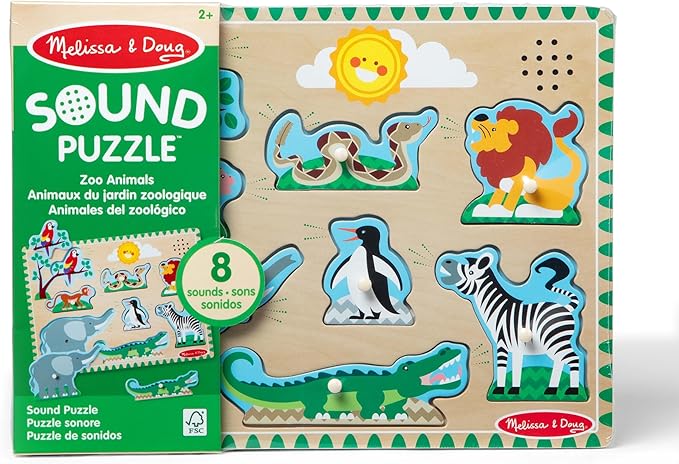 Melissa & Doug Zoo Animals Sound Puzzle – 8-Piece Wooden Peg Puzzle with Light-Activated Sounds, Music Learning Toy for Toddlers and Preschoolers Ages 2+
