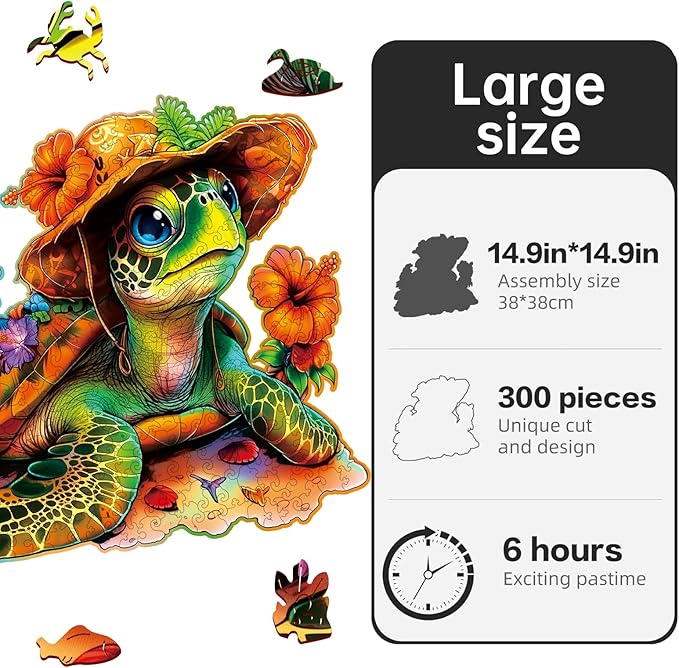 Wooden Jigsaw Puzzles,Vacation Sea Turtle Wooden Puzzles 300 Piece,Perfect for Family Game,Unique Shape Puzzles for Adults 14.9 x 14.9 Inch