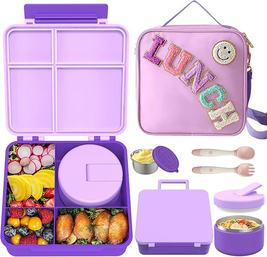 Kids Bento Lunch Box with 8oz Soup Thermo, Kids Leakproof Lunch Food Containers with 4 Compartment,Insulated Hot Food Jar with Lunch Bag for School, Travel (Purple)