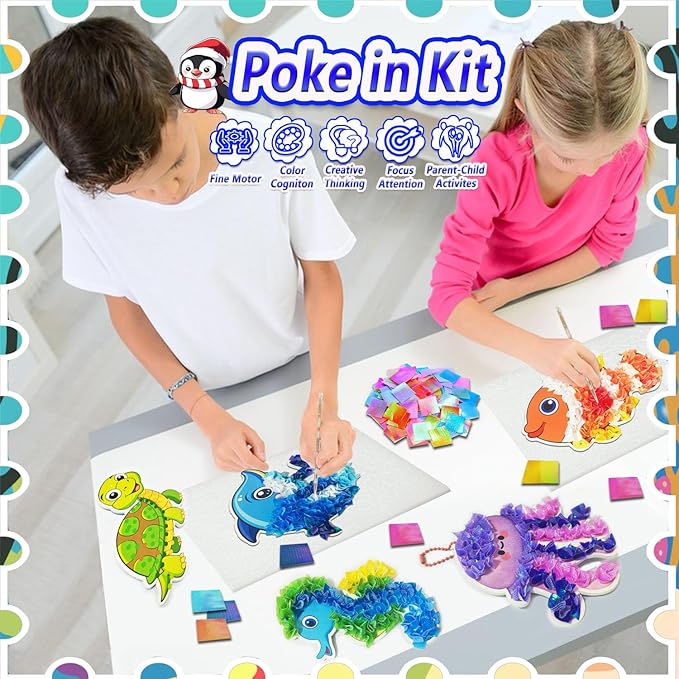 mom&myaboys Mess-Free Poke Art for Kids Ages 4-8 - Ocean Animals Craft Kit (8 Sea Creatures: Jellyfish, Dolphin, Turtle & More) | Beginner Sewing Toys for Toddlers | Creative Gift for Girls and Boys