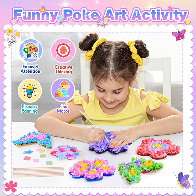 MDINGTD Toys for 4 5 6 7 8+ Year Old Girls, Poke Art Flower Bouquet with 8 Flowers & 2 Butterflies Arts and Crafts for Girls Ages 4-12 DIY Creative Activity Birthday Xmas Gifts Craft Kits