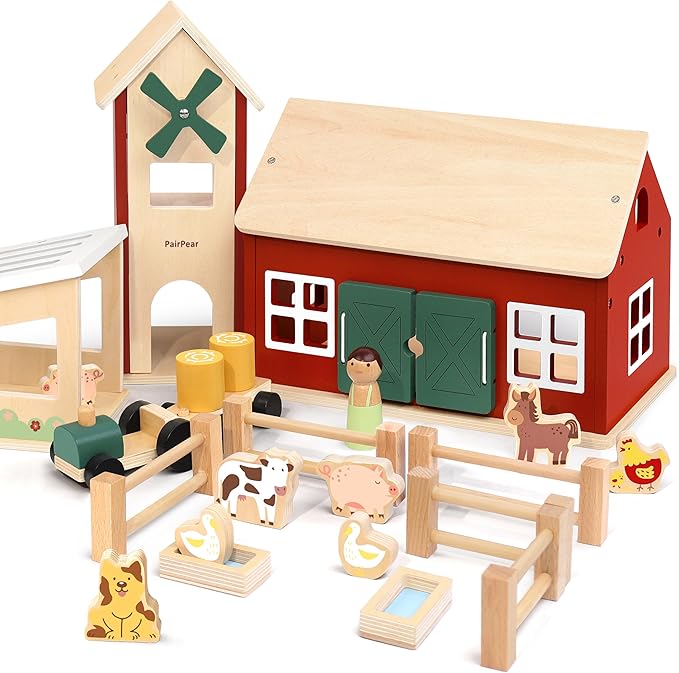 PairPear Wooden Barn & Tractor Farm Playset, 31 Piece Pretend Farm Animal Toy Set with Barn, Tractor & Trailer, Montessori Learning Gift for Toddlers Ages 3+