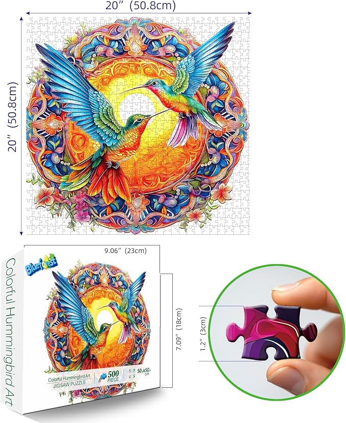 Blueforest 500 Piece Jigsaw Puzzle for Adults - Unique Hummingbird Art with Vibrant Iridescent Feathers | 20x20 Inches Challenging Adult Puzzle for Relaxation & Group Activity