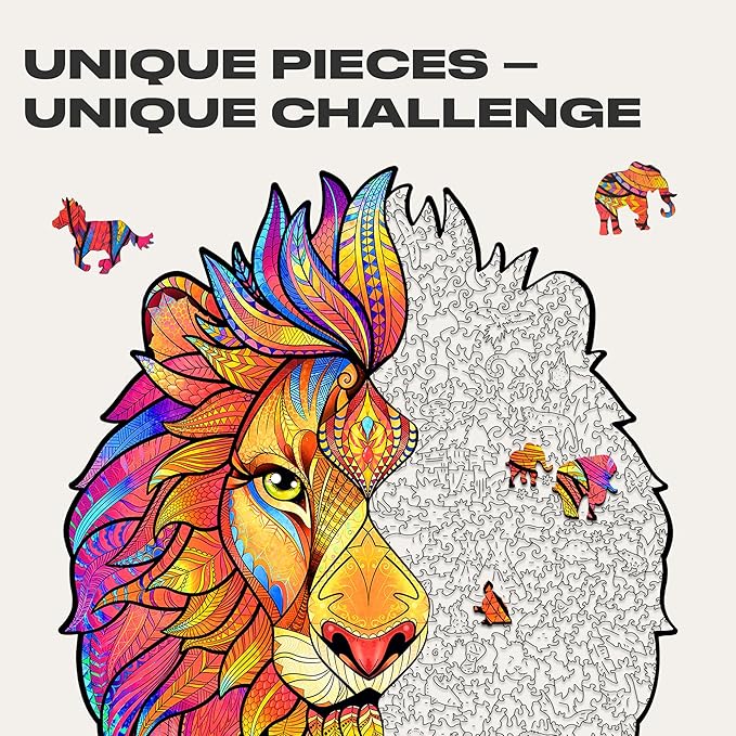 UNIDRAGON Original Wooden Jigsaw Puzzles - Mysterious Lion, 700 pcs, Royal Size 21.3"x16.5", Beautiful Gift Package, Unique Shape Best Gift for Adults and Kids, for Dad Men