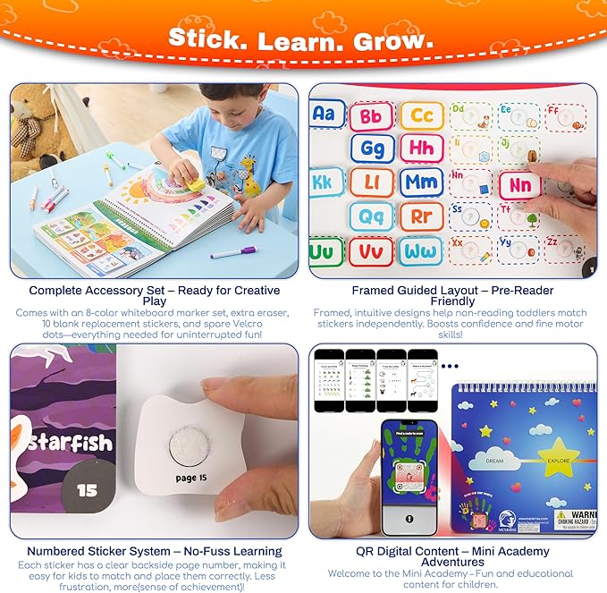 Montessori Busy Book for Toddlers 3–5 | Preschool Learning Activities | Educational Toddler Book with 14 Themes, 15 Drawing Pages & Guided Stickers | Fine Motor Skills Toy & Travel Activity