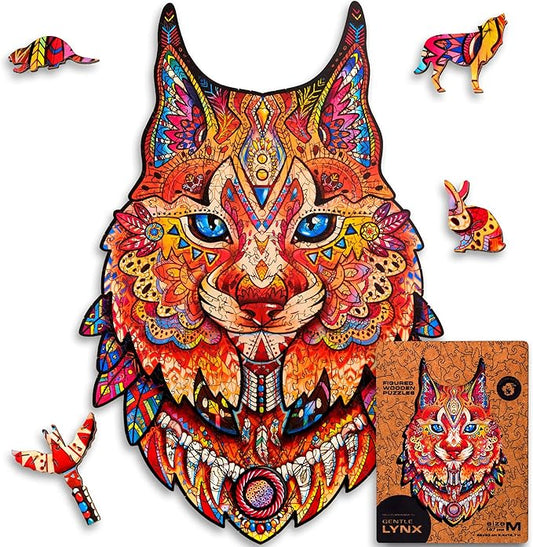 UNIDRAGON Original Wooden Jigsaw Puzzles - Gentle Lynx, 187 Pieces, Medium Size 8.4" х12.7, Beautiful Gift Package, Unique Shape Best Gift for Adults and Kids