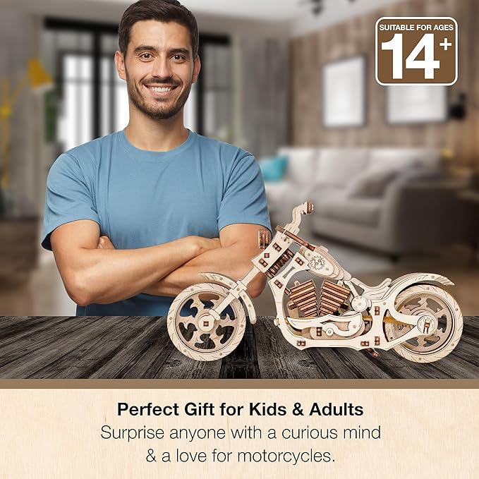 3D Puzzles for Adults - DIY Cruiser Motorcycle Model Kit with Rubber Band Engine, Functional Handlebars & Center Prop Stand - 3D Wooden Puzzle for 15 yrs Above & Adults - Eco Wood Art, 152 Pieces