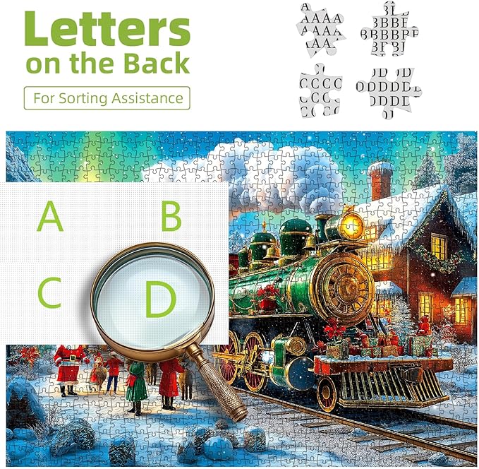 Christmas Puzzles for Adults 1000 Pieces Winter Train Town Jigsaw Puzzles for Adult Puzzles 1000 Pieces with Letters on Back Challenging Holiday Family Puzzle Gifts for Women Men Seniors