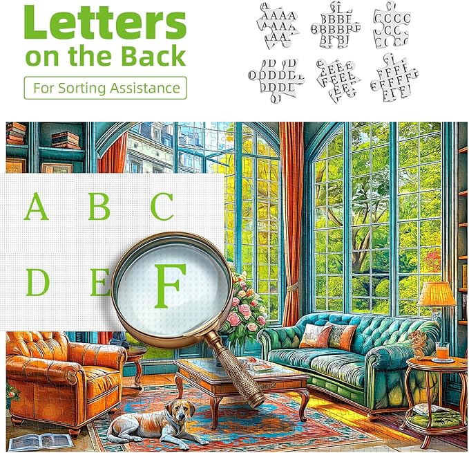 500 Piece Jigsaw Puzzle for Adults Living Room Library Scene with Dog Beautiful Puzzle with Letters on Back Ideal for Family Game Nights, Seniors & Home Decor (23x15in)