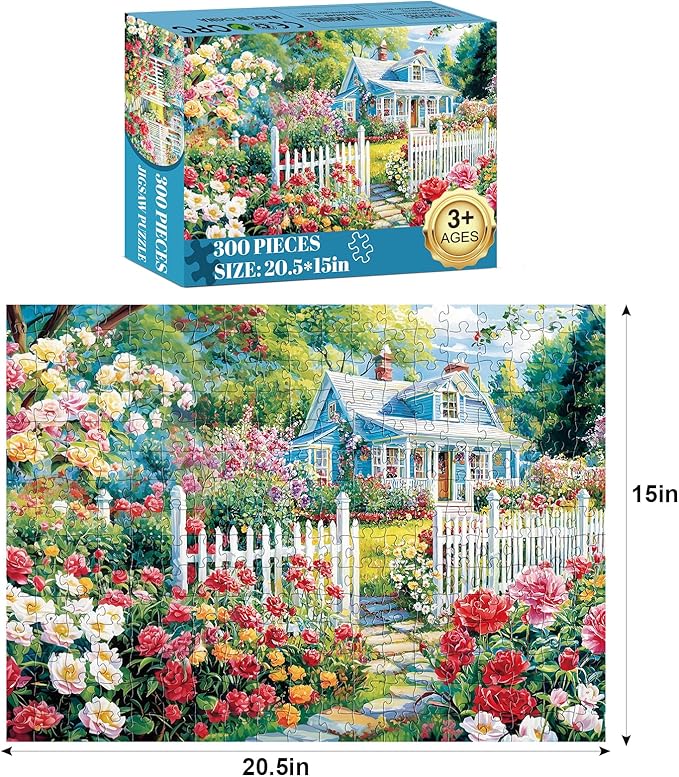 300 Piece Puzzle for Adults,Beautiful Garden House Puzzle for Adults Kids Elderly,Large Piece Landscape Puzzles for Kids Age 8-10 10-12,Challenging Flower Puzzles,Family Game Great Gift 20.5x15 in