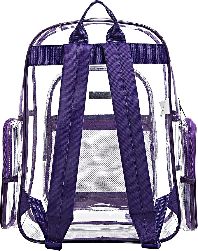 20-Pack Bulk Case Clear Backpack with Purple Trim Stitching, Wholesale 17.5-Inch Heavy Duty PVC Transparent Student Backpack for School Work Stadium Security Travel Sporting Events