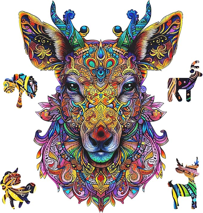 Ruikiyart Wooden Puzzles for Adults, 5MM 200 Pieces Mandala Deer Wooden Jigsaw Puzzles, Elk Puzzle Unique Shapes Pieces Great Gift for Kids and Adults on Birthday, Thanksgiving, Christmas (9.4"x12.2")