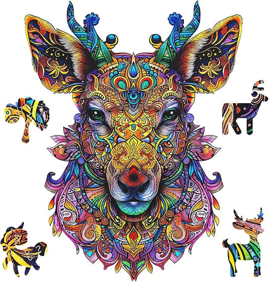 Ruikiyart Wooden Puzzles for Adults, 5MM 200 Pieces Mandala Deer Wooden Jigsaw Puzzles, Elk Puzzle Unique Shapes Pieces Great Gift for Kids and Adults on Birthday, Thanksgiving, Christmas (9.4"x12.2")