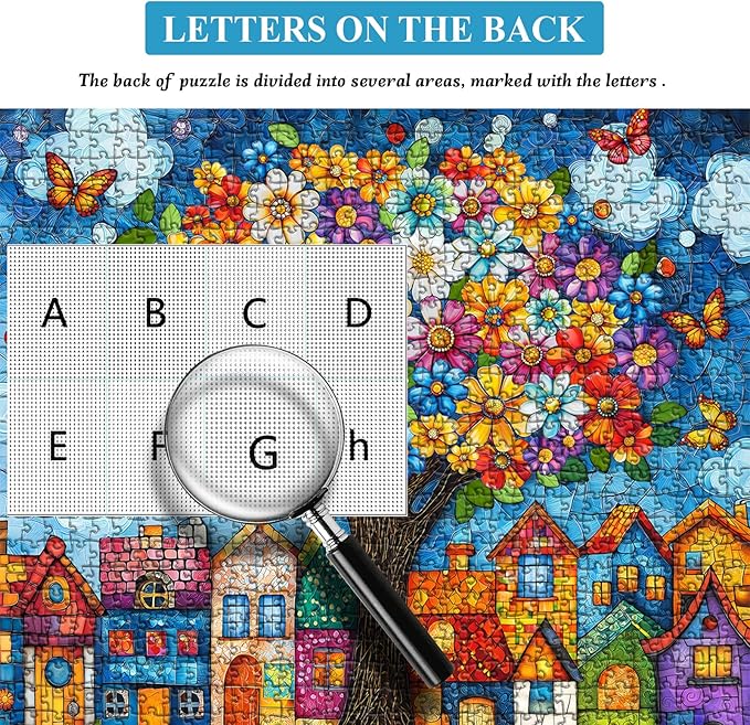 PICKFORU Stained Glass Tree of Life Puzzles for Adults 1000 Pieces, Colorful Village Puzzle with Houses Flowers Trees Butterfly, Nature Impossible Hard Challenge Jigsaw Puzzle