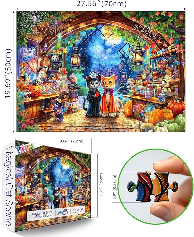 Halloween Cat Candy Shop 1000 Piece Jigsaw Puzzle for Adults Spooky Horror Puzzle with Ghosts Pumpkins Moonlit Night Scary Haunted Creepy Kittens Puzzle Fun Game Night(27.6" x 19.7")