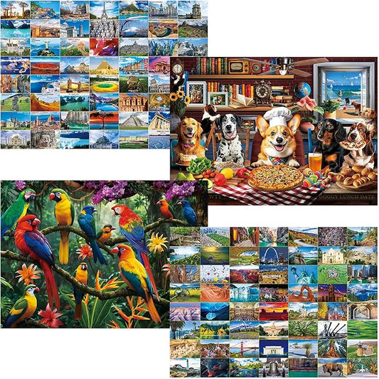 BenBen 1000 Piece Puzzle for Adults, 4 Pack Jigsaw Puzzles with Letters on Back, World Landscape, USA Landmarks, Dogs' Dinner Party, Jungle Parrots