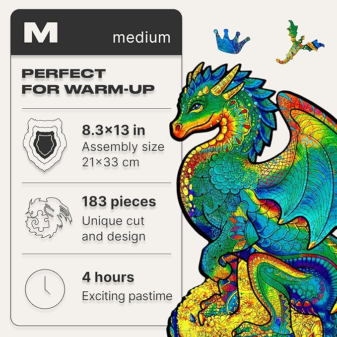 UNIDRAGON Wooden Puzzles for Adults Unique Jigsaw Puzzles - Guarding Dragon Big 8.3" х13 183 PCS Deko with Cut 0.03 mm Wood Accuracy Animal