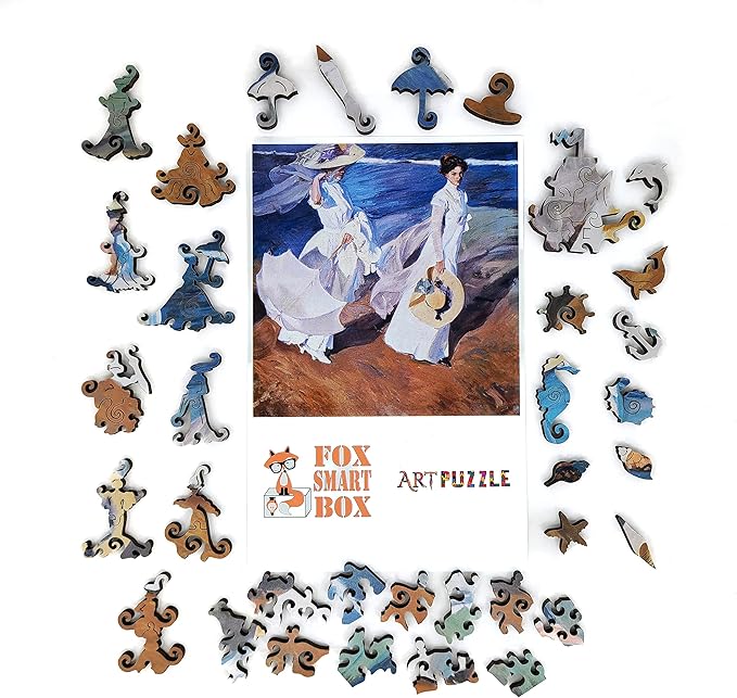 Wooden Jigsаw Puzzle for Adults - Uniquely Shaped Pieces - Made in The USA by FoxSmartBox - 190 Pieces - Strolling Along The Seashore
