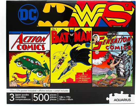 Aquarius DC Comics 3 x 500 Piece Jigsaw Puzzle Set with Bonus Poster – Superhero Puzzle Pack for Adults, Kids & Families | Superman, Batman & Wonder Woman