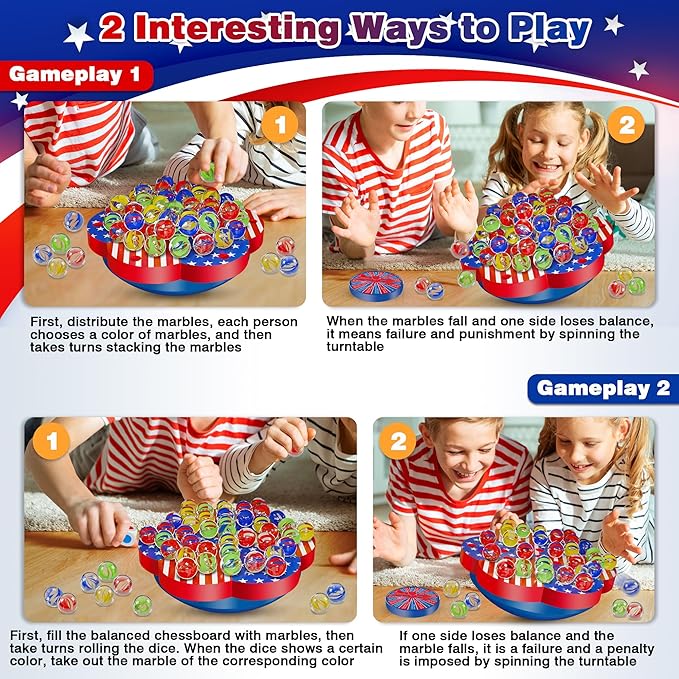 Wobble Balance Marble Game for Kids – 80 Colorful Marbles, Dice, Chessboard, Turntable,Challenge Cards, Fun Family Board Game for Parties, Gifts for Kids Ages 6-12+