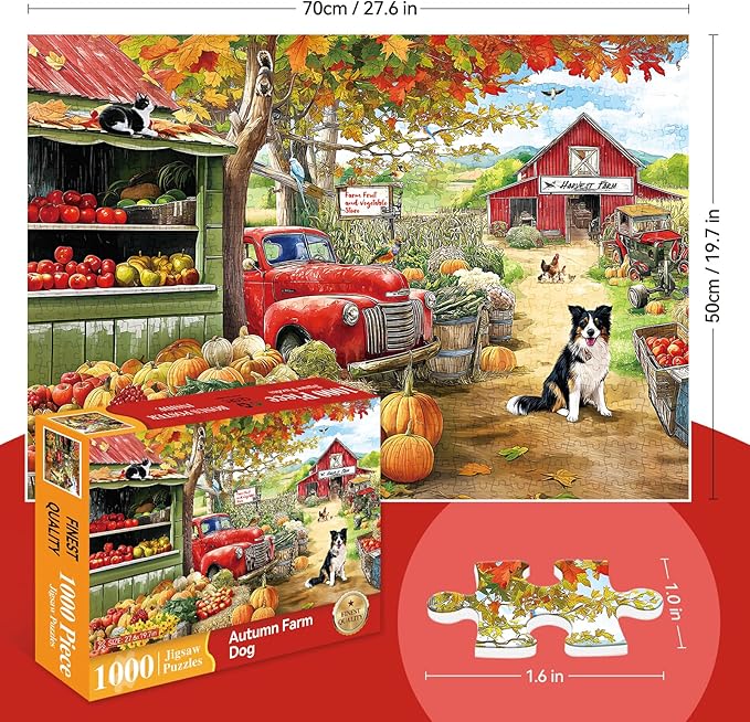 Puzzles for Adults 1000 Pieces, Jigsaw Puzzles 1000 Pieces – Autumn Harvest Farm Puzzle with Dog, Squirrel, Kitten, Golden Leaves & Pumpkins – Cozy Fall Scene for Nature & Animal Lovers (28 x 20 in)