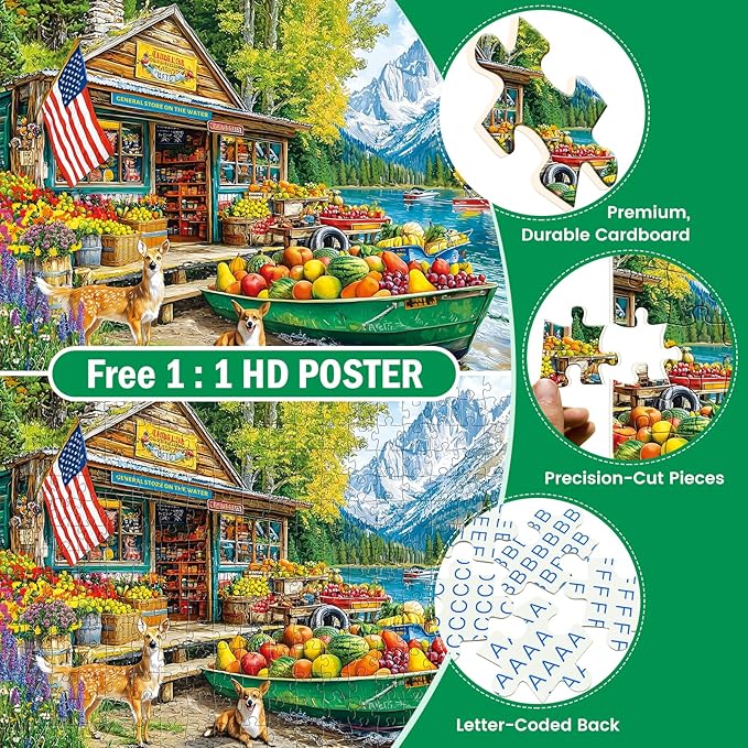 300 Piece Puzzles for Adults,Country Store Puzzles for Adults Children Seniors,Large Piece Dog Deer Fruit Puzzle for Kids Ages 8-10 10-12,Fun Challenging Landscape Family Puzzle Game Nights,20.5*15in