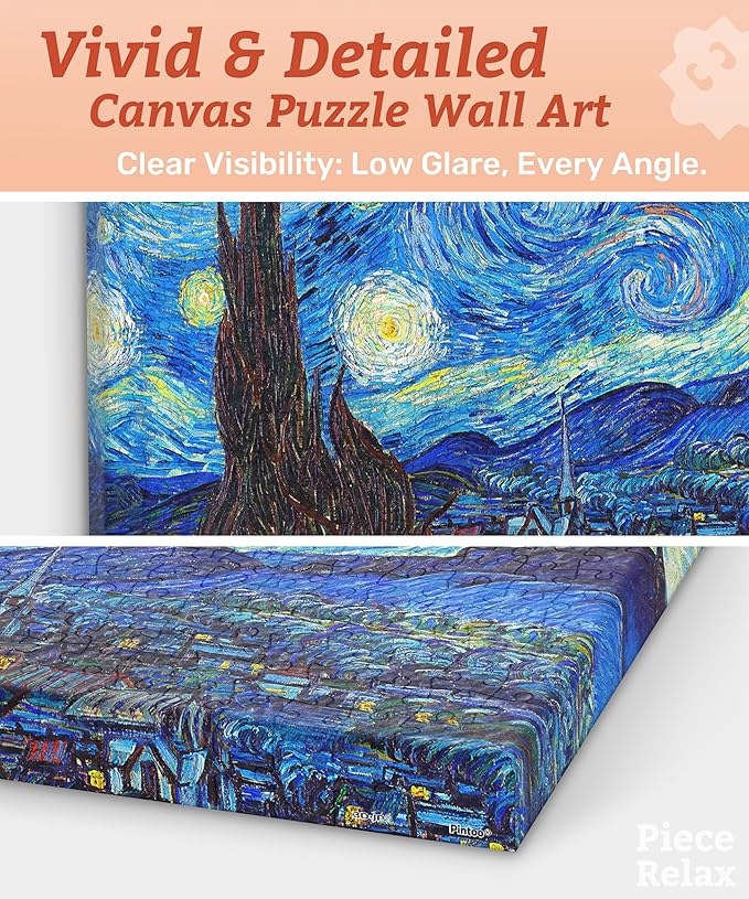 PieceRelax Puzzle Canvas Wall Art 366 Plastic Pieces for Adults - Vincent Van Gogh - The Starry Night - Unique Gift & Home Décor with Jigsaw Puzzle Artwork for Living Room Bedroom [HN1306]