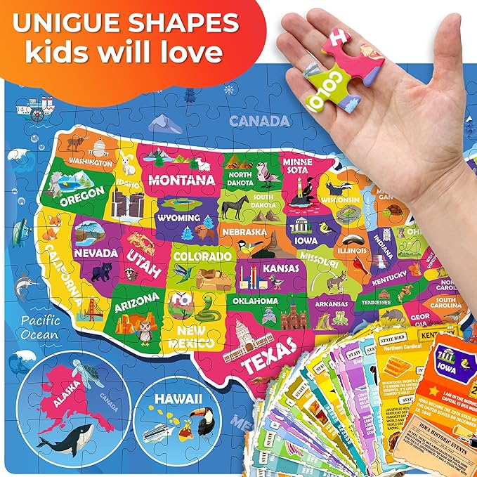 QUOKKA Puzzles for Kids Ages 8-10 - 150 Pcs Jigsaw Puzzles for 6-8 Year Olds - 400+ Facts on 50 Double - Sided Flashcards - Learn USA Education Activity Gift - Shaped Puzzle for Toddlers 4-6
