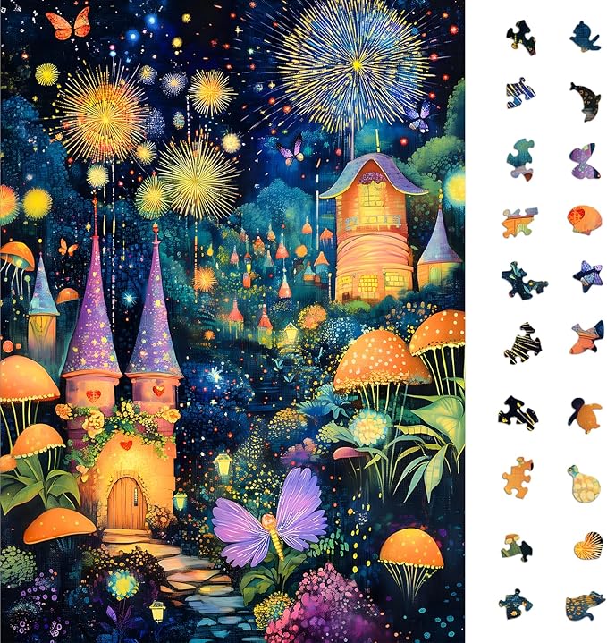 Wonderful Mushroom House Night Jigsaw Puzzles for Adults 1000 Pieces, Brain Challenging Shaped Puzzle for Game Night, Family, Friends, Size is 26.6 x 19.2
