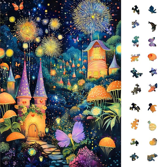 Wonderful Mushroom House Night Jigsaw Puzzles for Adults 1000 Pieces, Brain Challenging Shaped Puzzle for Game Night, Family, Friends, Size is 26.6 x 19.2