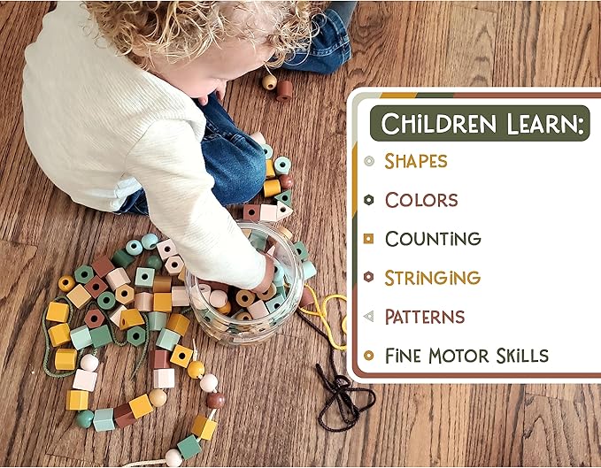 Wooden Lacing Beads & Strings 125 Pieces, Fine Motor Skills Toys for 3 Year Old, Boho Colors