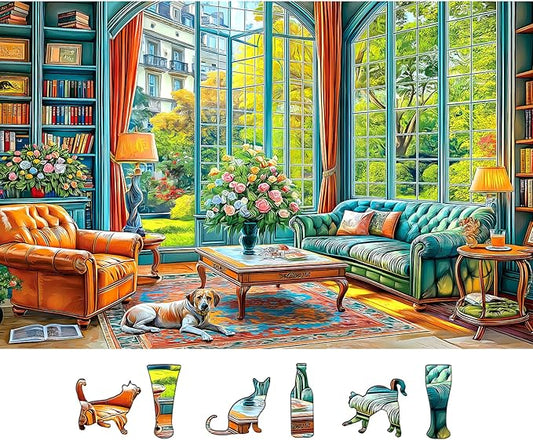 500 Piece Jigsaw Puzzle for Adults Living Room Library Scene with Dog Beautiful Puzzle with Letters on Back Ideal for Family Game Nights, Seniors & Home Decor (23x15in)