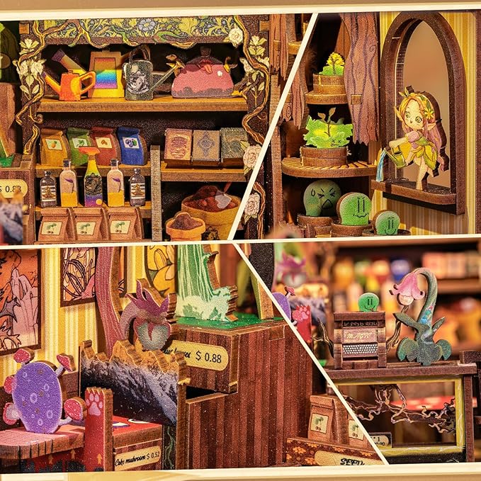 Cutefun Book Nook Kit, DIY Miniature House Kit for Beginners, Book Nook Kits for Adults, Wooden Dollhouse for Bookshelf Decor, Gifts for Family & Friends (Fantasy Plant Shop)