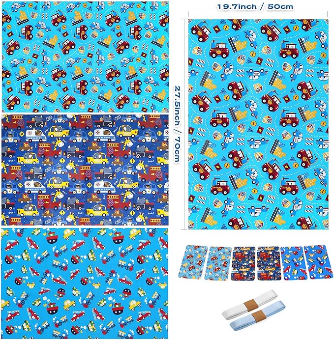 BWLOIES Wrapping Paper for Kids Boys Birthday Wrapping Paper Sheets with Police Car Fire Trucks Crane Ambulance Giraffe Elephant Children Birthday Gift Wrap Set with Tags Ribbion
